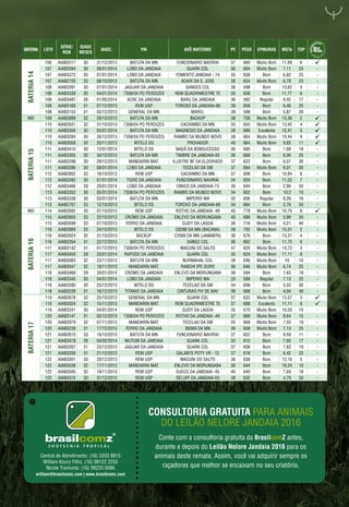 CONSULTORIA GRATUITA PARA ANIMAIS
DO LEILÃO NELORE JANDAIA 2016
Conte com a consultoria gratuita da BrasilcomZ antes,
durante e depois do Leilão Nelore Jandaia 2016 para os
animais deste remate. Assim, você vai adquirir sempre os
raçadores que melhor se encaixam no seu criatório.
Central de Atendimento: (16) 3203 8815
William Koury Filho: (16) 98122 2255
Nicole Tramonte: (16) 98220 0086
william@brasilcomz.com | www.brasilcomz.com
BATERIA14
106 AIAB3317 30 31/12/2013 BATUTA DA MN FUNCIONARIO NAVIRAI 37 660 Muito Bom 11,89 6 
107 AIAB3394 30 08/01/2014 LOBO DA JANDAIA QUARK COL 36 664 Muito Bom 7,11 25 -
107 AIAB3372 30 07/01/2014 LOBO DA JANDAIA FOMENTO JANDAIA - 74 35 658 Bom 6,82 25 -
107 AIAB2703 33 08/10/2013 BATUTA DA MN ACARI DA S. JOSE 38 634 Muito Bom 6,78 25 -
108 AIAB3391 30 07/01/2014 JAGUAR DA JANDAIA GANGES COL 36 598 Bom 13,62 3 -
108 AIAB3339 30 04/01/2014 7308/04 PO PERDIZES REM QUADRIMESTRE TE 35 608 Bom 11,77 6 -
108 AIAB3487 26 01/05/2014 ACRE DA JANDAIA BARU DA JANDAIA 36 582 Regular 8,02 17 -
108 AIAB3169 31 07/12/2013 REM USP TOROXO DA JANDAIA-66 39 658 Bom 6,46 25 -
108 AIAB3153 31 03/12/2013 GENERAL DA MN MAREL 39 598 Bom 5,87 30 -
IND 109 AIAB2899 32 29/10/2013 BATUTA DA MN BACKUP 38 758 Muito Bom 15,36 2 
BATERIA15
110 AIAB2931 32 31/10/2013 7308/04 PO PERDIZES CACHIMBO DA MN 35 650 Muito Bom 13,45 4 
110 AIAB3356 30 05/01/2014 BATUTA DA MN MAGNESIO DA JANDAIA 38 686 Excelente 12,41 5 
110 AIAB3284 30 26/12/2013 7308/04 PO PERDIZES RAMBO DA MUNDO NOVO 38 664 Muito Bom 10,44 9 
110 AIAB3058 32 20/11/2013 BITELO DS PROVADOR 40 664 Muito Bom 9,83 11 
111 AIAB3410 30 12/01/2014 BITELO DS NADÃ DA BONSUCESSO 36 680 Bom 7,68 18 -
111 AIAB3305 30 30/12/2013 BATUTA DA MN TIMBRE DA JANDAIA-65 36 668 Bom 6,36 25 -
111 AIAB3298 30 29/12/2013 MANDARIN MAT. ILUSTRE NF DA ELDORADO 37 622 Bom 6,07 30 -
111 AIAB3386 30 08/01/2014 LOBO DA JANDAIA TECELAO DA SM 37 664 Muito Bom 6,01 30 -
112 AIAB2802 33 16/10/2013 REM USP CACHIMBO DA MN 37 606 Bom 10,84 8 -
112 AIAB3392 30 07/01/2014 TIGRE DA JANDAIA FUNCIONARIO NAVIRAI 34 620 Bom 11,52 7 -
112 AIAB3466 29 29/01/2014 LOBO DA JANDAIA CINICO DA JANDAIA-73 36 644 Bom 2,99 50 -
113 AIAB3352 30 05/01/2014 7308/04 PO PERDIZES RAMBO DA MUNDO NOVO 34 602 Bom 10,2 10 -
113 AIAB3338 30 03/01/2014 BATUTA DA MN IMPERIO WA 32 606 Regular 8,39 16 -
113 AIAB2767 33 12/10/2013 BITELO DS TOROXO DA JANDAIA-66 34 664 Bom 2,76 50 -
IND 114 AIAB2692 33 07/10/2013 REM USP ROTHO DA JANDAIA -49 45 778 Muito Bom 10,75 8 
BATERIA16
115 AIAB2855 33 22/10/2013 CROMO DA JANDAIA ENLEVO DA MORUNGABA 40 688 Muito Bom 5,99 30 -
115 AIAB2698 33 07/10/2013 FERRO DA JANDAIA GUDY DA LAGOA 36 716 Muito Bom 4,21 40 -
116 AIAB2869 33 24/10/2013 BITELO DS C8288 DA MN (BACANA) 38 702 Muito Bom 15,01 2 -
116 AIAB2924 32 31/10/2013 BACKUP C2569 DA MN (JAMANTA) 36 676 Bom 13,21 4 -
116 AIAB3264 31 22/12/2013 BATUTA DA MN XANGO COL 36 662 Bom 11,75 6 -
117 AIAB3142 31 01/12/2013 7308/04 PO PERDIZES MACUNI DO SALTO 37 620 Muito Bom 13,72 3 -
117 AIAB3450 29 25/01/2014 RAPOSO DA JANDAIA QUARK COL 35 624 Muito Bom 11,11 8 -
117 AIAB3083 32 23/11/2013 BATUTA DA MN NURMAHAL COL 39 646 Muito Bom 10 10 -
117 AIAB3047 32 18/11/2013 MANDARIN MAT. RANCHI IPE OURO 36 646 Muito Bom 6,74 25 -
118 AIAB3469 29 30/01/2014 CROMO DA JANDAIA ENLEVO DA MORUNGABA 36 594 Bom 7,63 19 -
118 AIAB3345 30 04/01/2014 LOBO DA JANDAIA IMPERIO WA 33 588 Regular 7,13 25 -
118 AIAB3280 30 25/12/2013 BITELO DS TECELAO DA SM 34 608 Bom 5,55 30 -
118 AIAB3226 31 16/12/2013 TITANIO DA JANDAIA CINTURAO FIV DE NAV 36 688 Bom 4,04 40 -
BATERIA17
119 AIAB2878 32 25/10/2013 GENERAL DA MN QUARK COL 37 632 Muito Bom 13,57 3 
119 AIAB3024 32 15/11/2013 MANDARIN MAT. REM QUADRIMESTRE TE 37 688 Excelente 11,11 8 
119 AIAB3341 30 04/01/2014 REM USP GUDY DA LAGOA 35 670 Muito Bom 10,03 10 -
120 AIAB3147 31 02/12/2013 7308/04 PO PERDIZES ROTHO DA JANDAIA -49 37 668 Muito Bom 8,64 15 -
120 AIAB2979 32 07/11/2013 MANDARIN MAT. TECELAO DA SM 35 668 Muito Bom 7,55 19 -
120 AIAB3238 31 17/12/2013 FERRO DA JANDAIA B8369 DA MN 36 658 Muito Bom 7,13 25 -
121 AIAB2810 33 16/10/2013 BATUTA DA MN FUNCIONARIO NAVIRAI 37 622 Bom 9,59 11 -
121 AIAB3478 29 04/02/2014 MUTUM DA JANDAIA QUARK COL 33 612 Bom 7,93 17 -
121 AIAB3267 31 23/12/2013 JAGUAR DA JANDAIA QUARK COL 37 606 Bom 7,62 19 -
121 AIAB3256 31 21/12/2013 REM USP GALANTE POTY VR - 12 37 618 Bom 6,42 25 -
122 AIAB3301 30 29/12/2013 REM USP MACUNI DO SALTO 36 638 Bom 12,16 5 -
122 AIAB3038 32 17/11/2013 MANDARIN MAT. ENLEVO DA MORUNGABA 36 644 Bom 10,24 10 -
122 AIAB3045 32 18/11/2013 REM USP SUECO DA JANDAIA -45 40 640 Bom 7,69 18 -
122 AIAB3316 30 31/12/2013 REM USP SELUFF DA JANDAIA-53 39 632 Bom 4,79 35 -
BATERIA LOTE
SÉRIE/
RGN
IDADE
MESES
NASC. PAI AVÔ MATERNO PE PESO EPMURAS MGTe TOP
 