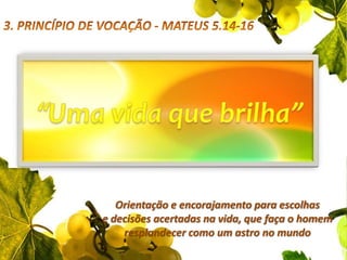 3. PRINCÍPIO DE VOCAÇÃO - MATEUS 5.14-16“Uma vida que brilha”Orientação e encorajamento para escolhas             e decisões acertadas na vida, que faça o homem resplandecer como um astro no mundo 