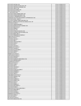 AUTO POSTO FARTURA LTDA                                 A Partir de MARÇO/2013
AUTO POSTO QUATRO ESTACOES LTDA - EPP                   A Partir de MARÇO/2013
AUTO POSTO TWISTER DA CANGAIBA LTDA                     A Partir de MARÇO/2013
AUTO POSTO TRIESTE LTDA                                 A Partir de MARÇO/2013
AUTO POSTO DELTA PRAIA LTDA                             A Partir de MARÇO/2013
AUTO POSTO ROCHT III LTDA                               A Partir de MARÇO/2013
B. F. AUTO POSTO LTDA                                   A Partir de MARÇO/2013
AUTO POSTO PORTAL MORRO VERDE LTDA                      A Partir de MARÇO/2013
AUTO POSTO FEDERAL BURITAMA X LTDA                      A Partir de MARÇO/2013
AUTO POSTO E CONVENIENCIA SP 12 LTDA                    A Partir de MARÇO/2013
CENTERFORT AUTO POSTO RESTAURANTE E SUPERMERCADO LTDA   A Partir de MARÇO/2013
AUTO POSTO ALPHA - MARTE LT                             A Partir de MARÇO/2013
AUTO POSTO GENERAL OSÓRIO SOROCABA LTDA                 A Partir de MARÇO/2013
MARQUES E MARQUES AUTO POSTO DE SERVIÇOS LTDA - EPP     A Partir de MARÇO/2013
AUTO POSTO ECLIPSE LT                                   A Partir de MARÇO/2013
AUTO POSTO JARDIM MORUMBI LT                            A Partir de MARÇO/2013
AUTO POSTO MATRIZ II DE SALTO GRANDE LTDA               A Partir de MARÇO/2013
AUTO POSTO BAIA DO SOL LT                               A Partir de MARÇO/2013
AUTO POSTO MARINO LT                                    A Partir de MARÇO/2013
AUTO POSTO AFA LTDA                                     A Partir de MARÇO/2013
AUTO POSTO ESTRELA DAS NACOES LTDA                      A Partir de MARÇO/2013
AUTO POSTO SHOPPING CANTO DA SEREIA LTDA.               A Partir de MARÇO/2013
AUTO POSTO BRASIL GRILL LT                              A Partir de MARÇO/2013
AUTO POSTO PRIMAVERA DE POMPEIA LT                      A Partir de MARÇO/2013
GARRUCHAO AUTO POSTO LT                                 A Partir de MARÇO/2013
CAPRI AUTO POSTO LT                                     A Partir de MARÇO/2013
AUTO POSTO LUB-LAV LT                                   A Partir de MARÇO/2013
AUTO POSTO VIBE LT                                      A Partir de MARÇO/2013
AUTO POSTO JOIA DO JACANA LT                            A Partir de MARÇO/2013
AUTO POSTO CALON LT                                     A Partir de MARÇO/2013
AUTO POSTO POP LT                                       A Partir de MARÇO/2013
AUTO POSTO GAUCHO LT                                    A Partir de MARÇO/2013
PARAMBOS AUTO POSTO LT                                  A Partir de MARÇO/2013
AUTO POSTO LAGEADO LT                                   A Partir de MARÇO/2013
AUTO POSTO ALTO DA SERRA LT                             A Partir de MARÇO/2013
AUTO POSTO ZANWAL LT                                    A Partir de MARÇO/2013
AUTO POSTO FAFA LT                                      A Partir de MARÇO/2013
MARANEY-AUTO POSTO LT                                   A Partir de MARÇO/2013
EQUIPE UM AUTO POSTO LT                                 A Partir de MARÇO/2013
AUTO POSTO MONTEREY LT                                  A Partir de MARÇO/2013
AUTO POSTO SATOMI LT                                    A Partir de MARÇO/2013
AUTO POSTO ALIANÇA DE PIRAPOZINHO LTDA                  A Partir de MARÇO/2013
AUTO POSTO MEDICINE BOW LT                              A Partir de MARÇO/2013
TOCANTINS AUTO POSTO LT                                 A Partir de MARÇO/2013
VENEZA AUTO POSTO LT                                    A Partir de MARÇO/2013
AUTO POSTO CLIMA LT                                     A Partir de MARÇO/2013
AUTO POSTO GIZA LT                                      A Partir de MARÇO/2013
AUTO POSTO TUDO BEM LT                                  A Partir de MARÇO/2013
STILUS AUTO POSTO LT                                    A Partir de MARÇO/2013
AUTO POSTO ESTRELA DO ICARAI LT                         A Partir de MARÇO/2013
AUTO POSTO EWAMARO LT                                   A Partir de MARÇO/2013
AUTO POSTO VELEIROS LT                                  A Partir de MARÇO/2013
AUTO POSTO CARLU LT                                     A Partir de MARÇO/2013
CISNE-BRANCO AUTO POSTO LT                              A Partir de MARÇO/2013
AUTO POSTO LARANJAL LTDA.                               A Partir de MARÇO/2013
AUTO POSTO LIMAC LT                                     A Partir de MARÇO/2013
AUTO POSTO GUAIRACA LT                                  A Partir de MARÇO/2013
AUTO POSTO ZIZINHO LTDA                                 A Partir de MARÇO/2013
HAWAI AUTO POSTO LT                                     A Partir de MARÇO/2013
AUTO POSTO MONI LT                                      A Partir de MARÇO/2013
AUTO POSTO MARINGA LT                                   A Partir de MARÇO/2013
AUTO POSTO AERO-MARTE LT                                A Partir de MARÇO/2013
AUTO POSTO RI-MAR LT                                    A Partir de MARÇO/2013
SERVICENTER AUTO POSTO GRAN PARA LT                     A Partir de MARÇO/2013
AUTO POSTO MARA-MIRU LT                                 A Partir de MARÇO/2013
AUTO POSTO DELFIM LT                                    A Partir de MARÇO/2013
AUTO POSTO ALICEMAR LT                                  A Partir de MARÇO/2013
EMIGRANTES AUTO POSTO LT                                A Partir de MARÇO/2013
AUTO POSTO GRANA LT                                     A Partir de MARÇO/2013
AUTO POSTO BUG LT                                       A Partir de MARÇO/2013
SAO JOSE AUTO POSTO LT                                  A Partir de MARÇO/2013
AUTO POSTO MANCHESTER LTDA                              A Partir de MARÇO/2013
 