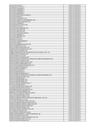 AUTO POSTO MOTUCA LT                                                     A Partir de JULHO/2013
PETROLEME-AUTO POSTO LT                                                  A Partir de JULHO/2013
AUTO POSTO GUARICANA LT                                                  A Partir de JULHO/2013
AUTO POSTO AMPARENSE LT                                                  A Partir de JULHO/2013
AUTO POSTO TANGERINO LT                                                  A Partir de JULHO/2013
AUTO POSTO IBIPORANGA LT                                                 A Partir de JULHO/2013
AUTO POSTO PAULOPOLIS DE POMPEIA LT                                      A Partir de JULHO/2013
AUTO POSTO IBITIUVA LT                                                   A Partir de JULHO/2013
AUTO POSTO CENTURION II LTDA                                             A Partir de JULHO/2013
AUTO POSTO SOARES DE SJ DO MARINHEIRO LTDA                               A Partir de JULHO/2013
AUTO POSTO GAIVOTA SOROCABA LTDA                                         A Partir de JULHO/2013
AUTO POSTO GUARNIERE LT                                                  A Partir de JULHO/2013
DELTA RIFLAMA AUTO POSTO LTDA                                            A Partir de JULHO/2013
AUTO POSTO SCOTTON LT                                                    A Partir de JULHO/2013
AUTO POSTO MZB TAPIRATIBA LTDA.                                          A Partir de JULHO/2013
AUTO POSTO AGUA FRIA LTDA                                                A Partir de JULHO/2013
AUTO POSTO WAM CAR LTDA                                                  A Partir de JULHO/2013
AUTO POSTO SAO VICENTE PAULA LT                                          A Partir de JULHO/2013
AUTO POSTO MONTREAL LT                                                   A Partir de JULHO/2013
AUTO POSTO BENVINDO LTDA                                                 A Partir de JULHO/2013
AUTO POSTO PITSTOP LT                                                    A Partir de JULHO/2013
BIG KING AUTO POSTO LT                                                   A Partir de JULHO/2013
AUTO POSTO E BAZAR BARREIRO LT                                           A Partir de JULHO/2013
AUTO POSTO OKADA LT                                                      A Partir de JULHO/2013
AUTO POSTO DIAMANTE RIO PRETO LTDA.                                      A Partir de JULHO/2013
POSTO DE SERVICOS ALFA LTDA                                              A Partir de JULHO/2013
POSTO DE SERVICOS IMACULADA LTDA                                         A Partir de JULHO/2013
GEOPETRO POSTO DE SERVICOS LTDA - EPP                                    A Partir de JULHO/2013
CAIAPO POSTO DE SERVICOS LTDA                                            A Partir de JULHO/2013
LARIANE COMERCIO DE PECAS AUTOMOTIVAS E POSTO DE SERVICO LTDA - EPP      A Partir de JULHO/2013
CAMARO POSTO DE SERVIÇOS LTDA.                                           A Partir de JULHO/2013
POSTO DE SERVICOS 1210 LTDA.                                             A Partir de JULHO/2013
ROYAL BMF POSTO DE SERVICOS LTDA                                         A Partir de JULHO/2013
POSTO DE SERVICOS AUTOMOTIVOS E COMERCIO DE COMBUSTIVEIS BROOKLIN LTDA   A Partir de JULHO/2013
VIDA NOVA POSTO DE SERVICOS LTDA                                         A Partir de JULHO/2013
POSTO DE SERVICOS VARZEA PAULISTA LTDA                                   A Partir de JULHO/2013
POSTO DE SERVICOS MARIA BONITA LTDA                                      A Partir de JULHO/2013
AUTO POSTO DE SERVICOS PETRO MASTER LTDA                                 A Partir de JULHO/2013
POSTO DE SERVICOS ARCUAN LTDA                                            A Partir de JULHO/2013
POSTO DE SERVICOS POLIBRAS LT                                            A Partir de JULHO/2013
ELITE POSTO DE SERVICOS LT                                               A Partir de JULHO/2013
POSTO DE SERVICOS ARUJA LT                                               A Partir de JULHO/2013
POSTO DE SERVICOS MANDAGUAHY LT                                          A Partir de JULHO/2013
POSTO DE SERVICOS AUTOMOTIVOS E COMERCIO DE COMBUSTIVEIS BORDO LTDA      A Partir de JULHO/2013
POSTO DE GASOLINA REGUENGO LTDA                                          A Partir de JULHO/2013
POSTO DE GASOLINA RIGOR LT                                               A Partir de JULHO/2013
POSTO DE GASOLINA RIBEIRA LTDA.                                          A Partir de JULHO/2013
POSTO DE GASOLINA MADRI LTDA                                             A Partir de JULHO/2013
POSTO DE GASOLINA CRUZEIRO DO SUL LT                                     A Partir de JULHO/2013
POSTO DE GASOLINA RINGO LT                                               A Partir de JULHO/2013
J L CENTRO AUTOMOTIVO DE ITAPIRA LT ME                                   A Partir de JULHO/2013
CENTRO AUTOMOTIVO SPACE CAR LTDA                                         A Partir de JULHO/2013
MULTIMARCAS CENTRO AUTOMOTIVO LTDA                                       A Partir de JULHO/2013
CENTRO AUTOMOTIVO MIRAMAR LTDA.                                          A Partir de JULHO/2013
BROOKLIN S CAR CENTRO AUTOMOTIVO LTDA ME                                 A Partir de JULHO/2013
TCM - CENTRO AUTOMOTIVO LTDA ME                                          A Partir de JULHO/2013
CENTRO AUTOMOTIVO GENERAL LTDA                                           A Partir de JULHO/2013
CENTRO AUTOMOTIVO ANDALO COMERCIO DE LUBRIFICANTES LTDA - ME             A Partir de JULHO/2013
CENTRO AUTOMOTIVO C & G LTDA                                             A Partir de JULHO/2013
A.W. CENTRO AUTOMOTIVO QUALITY LTDA - ME                                 A Partir de JULHO/2013
CENTRO AUTOMOTIVO MARCAS FAMOSAS LTDA ME                                 A Partir de JULHO/2013
CENTRO AUTOMOTIVO CANTINE & WILLIR LTDA - EPP                            A Partir de JULHO/2013
CENTRO AUTOMOTIVO NOVA VICTORIA LTDA                                     A Partir de JULHO/2013
CENTRO AUTOMOTIVO REDMIX I LTDA                                          A Partir de JULHO/2013
MCAR-VALE CENTRO AUTOMOTIVO LTDA - EPP                                   A Partir de JULHO/2013
FIX - CENTRO AUTOMOTIVO LTDA                                             A Partir de JULHO/2013
S VERDE CENTRO AUTOMOTIVO LTDA ME                                        A Partir de JULHO/2013
MARCIO SANTOS RODRIGUES - CENTRO AUTOMOTIVOS - ME                        A Partir de JULHO/2013
CENTRO AUTOMOTIVO TULIPA LTDA                                            A Partir de JULHO/2013
CLIMATEK RIO PRETO CENTRO AUTOMOTIVO LTDA - ME                           A Partir de JULHO/2013
CENTRO AUTOMOTIVO KANEY LTDA - ME                                        A Partir de JULHO/2013
CENTRO AUTOMOTIVO BARUERI LTDA                                           A Partir de JULHO/2013
 
