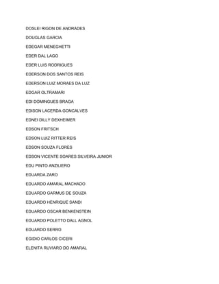 DOSLEI RIGON DE ANDRADES 
DOUGLAS GARCIA 
EDEGAR MENEGHETTI 
EDER DAL LAGO 
EDER LUIS RODRIGUES 
EDERSON DOS SANTOS REIS 
EDERSON LUIZ MORAES DA LUZ 
EDGAR OLTRAMARI 
EDI DOMINGUES BRAGA 
EDISON LACERDA GONCALVES 
EDNEI DILLY DEXHEIMER 
EDSON FRITSCH 
EDSON LUIZ RITTER REIS 
EDSON SOUZA FLORES 
EDSON VICENTE SOARES SILVEIRA JUNIOR 
EDU PINTO ANZILIERO 
EDUARDA ZARO 
EDUARDO AMARAL MACHADO 
EDUARDO GARMUS DE SOUZA 
EDUARDO HENRIQUE SANDI 
EDUARDO OSCAR BENKENSTEIN 
EDUARDO POLETTO DALL AGNOL 
EDUARDO SERRO 
EGIDIO CARLOS CICERI 
ELENITA RUVIARO DO AMARAL 
 