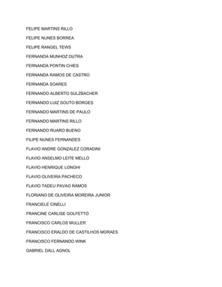 FELIPE MARTINS RILLO 
FELIPE NUNES BORREA 
FELIPE RANGEL TEWS 
FERNANDA MUNHOZ DUTRA 
FERNANDA PONTIN CHIES 
FERNANDA RAMOS DE CASTRO 
FERNANDA SOARES 
FERNANDO ALBERTO SULZBACHER 
FERNANDO LUIZ SOUTO BORGES 
FERNANDO MARTINS DE PAULO 
FERNANDO MARTINS RILLO 
FERNANDO RUARO BUENO 
FILIPE NUNES FERNANDES 
FLAVIO ANDRE GONZALEZ CORADINI 
FLAVIO ANSELMO LEITE MELLO 
FLAVIO HENRIQUE LONGHI 
FLAVIO OLIVEIRA PACHECO 
FLAVIO TADEU PAVAO RAMOS 
FLORIANO DE OLIVEIRA MOREIRA JUNIOR 
FRANCIELE CINELLI 
FRANCINE CARLISE GOLFETTO 
FRANCISCO CARLOS MULLER 
FRANCISCO ERALDO DE CASTILHOS MORAES 
FRANCISCO FERNANDO WINK 
GABRIEL DALL AGNOL 
 