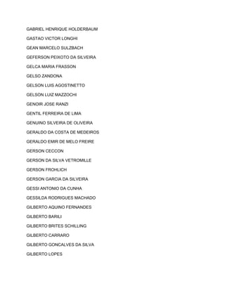 GABRIEL HENRIQUE HOLDERBAUM 
GASTAO VICTOR LONGHI 
GEAN MARCELO SULZBACH 
GEFERSON PEIXOTO DA SILVEIRA 
GELCA MARIA FRASSON 
GELSO ZANDONA 
GELSON LUIS AGOSTINETTO 
GELSON LUIZ MAZZOCHI 
GENOIR JOSE RANZI 
GENTIL FERREIRA DE LIMA 
GENUINO SILVEIRA DE OLIVEIRA 
GERALDO DA COSTA DE MEDEIROS 
GERALDO EMIR DE MELO FREIRE 
GERSON CECCON 
GERSON DA SILVA VETROMILLE 
GERSON FROHLICH 
GERSON GARCIA DA SILVEIRA 
GESSI ANTONIO DA CUNHA 
GESSILDA RODRIGUES MACHADO 
GILBERTO AQUINO FERNANDES 
GILBERTO BARILI 
GILBERTO BRITES SCHILLING 
GILBERTO CARRARO 
GILBERTO GONCALVES DA SILVA 
GILBERTO LOPES 
 
