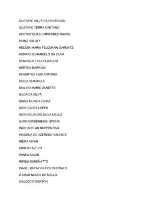 GUSTAVO SILVEIRA FONTOURA 
GUSTAVO TERRA CAETANO 
HECTOR ELIAS UMPIERREZ MACIEL 
HEINZ ROLOFF 
HELENA MARIA FELDMANN GARMATZ 
HENRIQUE MARCELO DA SILVA 
HENRIQUE PEDRO WASEM 
HERTON BARROW 
HEVERTON LUIS ANTONIO 
HUGO DEMARQUI 
IDALINO MARIO ZANETTE 
IELDA DA SILVA 
IGNES MUNER VIEIRA 
IGOR CANEZ LOPES 
IGOR EDUARDO SILVA MELLO 
ILONI ROCKENBACH SPOHR 
INGO ADELAR RUPPENTHAL 
IRACEMA DE AZEREDO VALENTE 
IREMA VIVAN 
IRINEU FAVERO 
IRINEU KILIAN 
IRINEU SIMIONATTO 
ISABEL BUENO KLOCK SEEWALD 
ITAMAR NUNES DE MELLO 
IVALDECIR BERTON 
 