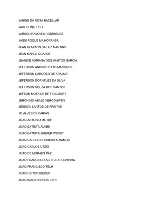 JANINE DA ROSA BACELLAR 
JAQUELINE EICH 
JARSON RAMIRES RODRIGUES 
JASSI ROQUE MILHORANSA 
JEAN CLAYTON DA LUZ MARTINS 
JEAN MARLO QUANDT 
JEANICE ADRIANA DOS SANTOS GARCIA 
JEFERSON ANDRIGHETTO MARQUES 
JEFERSON CARDOSO DE ARAUJO 
JEFERSON DORNELES DA SILVA 
JEFERSON SOUZA DOS SANTOS 
JEFSON MOTA DE BITTENCOURT 
JERONIMO ABILIO VERGOUWEN 
JESSICA SANTOS DE FREITAS 
JO ALVES DE FARIAS 
JOAO ANTONIO MOTKE 
JOAO BATISTA ALVES 
JOAO BATISTA JUNKER WOVST 
JOAO CARLOS RODRIGUES RAMOS 
JOAO CARLOS UTZIG 
JOAO DE MORAES PAZ 
JOAO FRANCISCO ABREU DE OLIVEIRA 
JOAO FRANCISCO TELH 
JOAO HEITOR BIEGER 
JOAO INACIO BERNARDES 
 