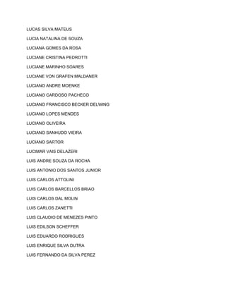LUCAS SILVA MATEUS 
LUCIA NATALINA DE SOUZA 
LUCIANA GOMES DA ROSA 
LUCIANE CRISTINA PEDROTTI 
LUCIANE MARINHO SOARES 
LUCIANE VON GRAFEN MALDANER 
LUCIANO ANDRE MOENKE 
LUCIANO CARDOSO PACHECO 
LUCIANO FRANCISCO BECKER DELWING 
LUCIANO LOPES MENDES 
LUCIANO OLIVEIRA 
LUCIANO SANHUDO VIEIRA 
LUCIANO SARTOR 
LUCIMAR VAIS DELAZERI 
LUIS ANDRE SOUZA DA ROCHA 
LUIS ANTONIO DOS SANTOS JUNIOR 
LUIS CARLOS ATTOLINI 
LUIS CARLOS BARCELLOS BRIAO 
LUIS CARLOS DAL MOLIN 
LUIS CARLOS ZANETTI 
LUIS CLAUDIO DE MENEZES PINTO 
LUIS EDILSON SCHEFFER 
LUIS EDUARDO RODRIGUES 
LUIS ENRIQUE SILVA DUTRA 
LUIS FERNANDO DA SILVA PEREZ 
 