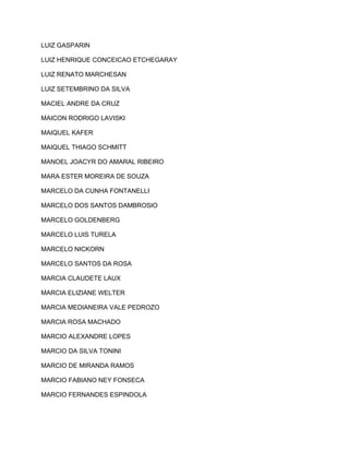 LUIZ GASPARIN 
LUIZ HENRIQUE CONCEICAO ETCHEGARAY 
LUIZ RENATO MARCHESAN 
LUIZ SETEMBRINO DA SILVA 
MACIEL ANDRE DA CRUZ 
MAICON RODRIGO LAVISKI 
MAIQUEL KAFER 
MAIQUEL THIAGO SCHMITT 
MANOEL JOACYR DO AMARAL RIBEIRO 
MARA ESTER MOREIRA DE SOUZA 
MARCELO DA CUNHA FONTANELLI 
MARCELO DOS SANTOS DAMBROSIO 
MARCELO GOLDENBERG 
MARCELO LUIS TURELA 
MARCELO NICKORN 
MARCELO SANTOS DA ROSA 
MARCIA CLAUDETE LAUX 
MARCIA ELIZIANE WELTER 
MARCIA MEDIANEIRA VALE PEDROZO 
MARCIA ROSA MACHADO 
MARCIO ALEXANDRE LOPES 
MARCIO DA SILVA TONINI 
MARCIO DE MIRANDA RAMOS 
MARCIO FABIANO NEY FONSECA 
MARCIO FERNANDES ESPINDOLA 
 