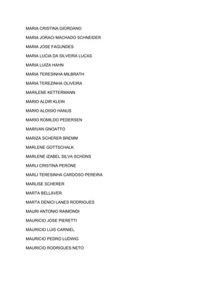 MARIA CRISTINA GIORDANO 
MARIA JORACI MACHADO SCHNEIDER 
MARIA JOSE FAGUNDES 
MARIA LUCIA DA SILVEIRA LUCAS 
MARIA LUIZA HAHN 
MARIA TERESINHA MILBRATH 
MARIA TEREZINHA OLIVEIRA 
MARILENE KETTERMANN 
MARIO ALDIR KLEIN 
MARIO ALOISIO HANUS 
MARIO ROMILDO PEDERSEN 
MARIVAN GNOATTO 
MARIZA SCHERER BREMM 
MARLENE GOTTSCHALK 
MARLENE IZABEL SILVA SCHONS 
MARLI CRISTINA PERONE 
MARLI TERESINHA CARDOSO PEREIRA 
MARLISE SCHERER 
MARTA BELLAVER 
MARTA DENICI LANES RODRIGUES 
MAURI ANTONIO RAIMONDI 
MAURICIO JOSE PIERETTI 
MAURICIO LUIS CARNIEL 
MAURICIO PEDRO LUDWIG 
MAURICIO RODRIGUES NETO 
 
