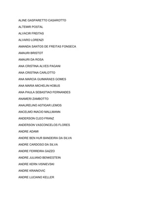 ALINE GASPARETTO CASAROTTO 
ALTEMIR POSTAL 
ALVACIR FREITAS 
ALVARO LORENZI 
AMANDA SANTOS DE FREITAS FONSECA 
AMAURI BRISTOT 
AMAURI DA ROSA 
ANA CRISTINA ALVES PAGANI 
ANA CRISTINA CARLOTTO 
ANA MARCIA GUIMARAES GOMES 
ANA MARIA MICHELIN HOBUS 
ANA PAULA SEBASTIAO FERNANDES 
ANAMERI ZAMBOTTO 
ANAURELINO ASTIGAR LEMOS 
ANCELMO INACIO MALLMANN 
ANDERSON CLEO FRANZ 
ANDERSON VASCONCELOS FLORES 
ANDRE ADAMI 
ANDRE BEN HUR BANDEIRA DA SILVA 
ANDRE CARDOSO DA SILVA 
ANDRE FERREIRA GAZZO 
ANDRE JULIANO BENKESTEIN 
ANDRE KERN VISNIEVSKI 
ANDRE KRAINOVIC 
ANDRE LUCIANO KELLER 
 
