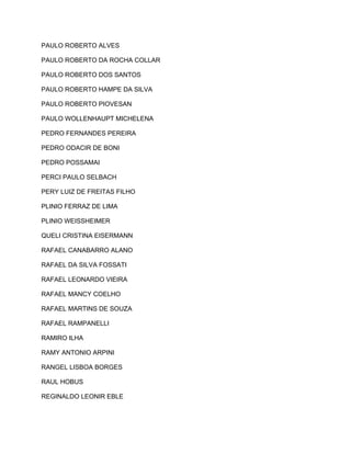 PAULO ROBERTO ALVES 
PAULO ROBERTO DA ROCHA COLLAR 
PAULO ROBERTO DOS SANTOS 
PAULO ROBERTO HAMPE DA SILVA 
PAULO ROBERTO PIOVESAN 
PAULO WOLLENHAUPT MICHELENA 
PEDRO FERNANDES PEREIRA 
PEDRO ODACIR DE BONI 
PEDRO POSSAMAI 
PERCI PAULO SELBACH 
PERY LUIZ DE FREITAS FILHO 
PLINIO FERRAZ DE LIMA 
PLINIO WEISSHEIMER 
QUELI CRISTINA EISERMANN 
RAFAEL CANABARRO ALANO 
RAFAEL DA SILVA FOSSATI 
RAFAEL LEONARDO VIEIRA 
RAFAEL MANCY COELHO 
RAFAEL MARTINS DE SOUZA 
RAFAEL RAMPANELLI 
RAMIRO ILHA 
RAMY ANTONIO ARPINI 
RANGEL LISBOA BORGES 
RAUL HOBUS 
REGINALDO LEONIR EBLE 
 