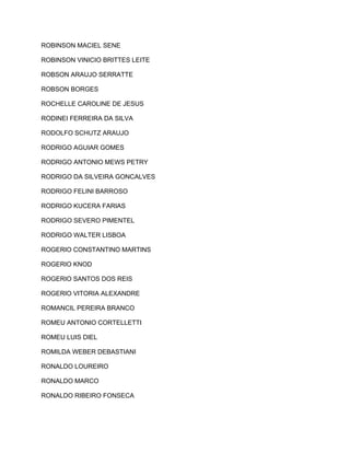 ROBINSON MACIEL SENE 
ROBINSON VINICIO BRITTES LEITE 
ROBSON ARAUJO SERRATTE 
ROBSON BORGES 
ROCHELLE CAROLINE DE JESUS 
RODINEI FERREIRA DA SILVA 
RODOLFO SCHUTZ ARAUJO 
RODRIGO AGUIAR GOMES 
RODRIGO ANTONIO MEWS PETRY 
RODRIGO DA SILVEIRA GONCALVES 
RODRIGO FELINI BARROSO 
RODRIGO KUCERA FARIAS 
RODRIGO SEVERO PIMENTEL 
RODRIGO WALTER LISBOA 
ROGERIO CONSTANTINO MARTINS 
ROGERIO KNOD 
ROGERIO SANTOS DOS REIS 
ROGERIO VITORIA ALEXANDRE 
ROMANCIL PEREIRA BRANCO 
ROMEU ANTONIO CORTELLETTI 
ROMEU LUIS DIEL 
ROMILDA WEBER DEBASTIANI 
RONALDO LOUREIRO 
RONALDO MARCO 
RONALDO RIBEIRO FONSECA 
 