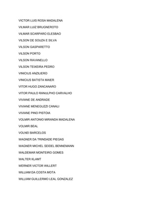 VICTOR LUIS ROSA MADALENA 
VILMAR LUIZ BRUGNEROTO 
VILMAR SCARPARO ELESBAO 
VILSON DE SOUZA E SILVA 
VILSON GASPARETTO 
VILSON PORTO 
VILSON RAVANELLO 
VILSON TEIXEIRA PEDRO 
VINICIUS ANZILIERO 
VINICIUS BATISTA MAIER 
VITOR HUGO ZANCANARO 
VITOR PAULO RANULPHO CARVALHO 
VIVIANE DE ANDRADE 
VIVIANE MENEGUZZI CANALI 
VIVIANE PINO PISTOIA 
VOLMIR ANTONIO MIRANDA MADALENA 
VOLMIR BEAL 
VOLNEI BARCELOS 
WAGNER DA TRINDADE PIEGAS 
WAGNER MICHEL SEIDEL BENNEMANN 
WALDEMAR MONTEIRO GOMES 
WALTER KLAMT 
WERNER VICTOR WILLERT 
WILLIAM DA COSTA MOTA 
WILLIAM GUILLERMO LEAL GONZALEZ 
 