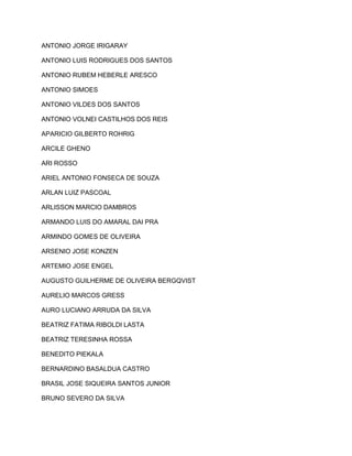 ANTONIO JORGE IRIGARAY 
ANTONIO LUIS RODRIGUES DOS SANTOS 
ANTONIO RUBEM HEBERLE ARESCO 
ANTONIO SIMOES 
ANTONIO VILDES DOS SANTOS 
ANTONIO VOLNEI CASTILHOS DOS REIS 
APARICIO GILBERTO ROHRIG 
ARCILE GHENO 
ARI ROSSO 
ARIEL ANTONIO FONSECA DE SOUZA 
ARLAN LUIZ PASCOAL 
ARLISSON MARCIO DAMBROS 
ARMANDO LUIS DO AMARAL DAI PRA 
ARMINDO GOMES DE OLIVEIRA 
ARSENIO JOSE KONZEN 
ARTEMIO JOSE ENGEL 
AUGUSTO GUILHERME DE OLIVEIRA BERGQVIST 
AURELIO MARCOS GRESS 
AURO LUCIANO ARRUDA DA SILVA 
BEATRIZ FATIMA RIBOLDI LASTA 
BEATRIZ TERESINHA ROSSA 
BENEDITO PIEKALA 
BERNARDINO BASALDUA CASTRO 
BRASIL JOSE SIQUEIRA SANTOS JUNIOR 
BRUNO SEVERO DA SILVA 
 