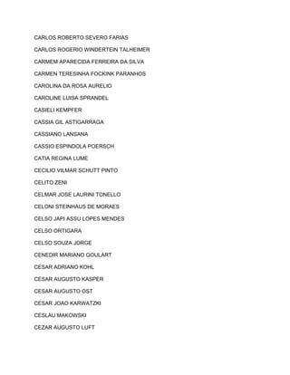 CARLOS ROBERTO SEVERO FARIAS 
CARLOS ROGERIO WINDERTEIN TALHEIMER 
CARMEM APARECIDA FERREIRA DA SILVA 
CARMEN TERESINHA FOCKINK PARANHOS 
CAROLINA DA ROSA AURELIO 
CAROLINE LUISA SPRANDEL 
CASIELI KEMPFER 
CASSIA GIL ASTIGARRAGA 
CASSIANO LANSANA 
CASSIO ESPINDOLA POERSCH 
CATIA REGINA LUME 
CECILIO VILMAR SCHUTT PINTO 
CELITO ZENI 
CELMAR JOSE LAURINI TONELLO 
CELONI STEINHAUS DE MORAES 
CELSO JAPI ASSU LOPES MENDES 
CELSO ORTIGARA 
CELSO SOUZA JORGE 
CENEDIR MARIANO GOULART 
CESAR ADRIANO KOHL 
CESAR AUGUSTO KASPER 
CESAR AUGUSTO OST 
CESAR JOAO KARWATZKI 
CESLAU MAKOWSKI 
CEZAR AUGUSTO LUFT 
 