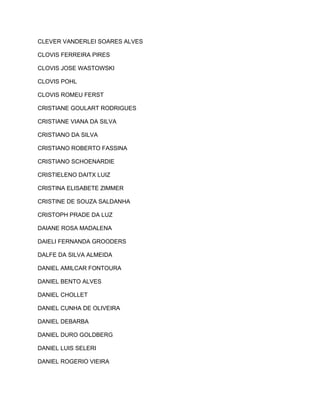 CLEVER VANDERLEI SOARES ALVES 
CLOVIS FERREIRA PIRES 
CLOVIS JOSE WASTOWSKI 
CLOVIS POHL 
CLOVIS ROMEU FERST 
CRISTIANE GOULART RODRIGUES 
CRISTIANE VIANA DA SILVA 
CRISTIANO DA SILVA 
CRISTIANO ROBERTO FASSINA 
CRISTIANO SCHOENARDIE 
CRISTIELENO DAITX LUIZ 
CRISTINA ELISABETE ZIMMER 
CRISTINE DE SOUZA SALDANHA 
CRISTOPH PRADE DA LUZ 
DAIANE ROSA MADALENA 
DAIELI FERNANDA GROODERS 
DALFE DA SILVA ALMEIDA 
DANIEL AMILCAR FONTOURA 
DANIEL BENTO ALVES 
DANIEL CHOLLET 
DANIEL CUNHA DE OLIVEIRA 
DANIEL DEBARBA 
DANIEL DURO GOLDBERG 
DANIEL LUIS SELERI 
DANIEL ROGERIO VIEIRA 
 