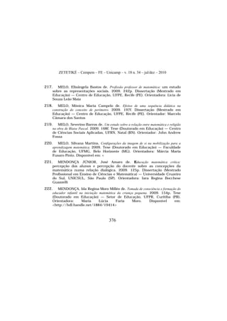 ZETETIKÉ – Cempem – FE – Unicamp – v. 18 n. 34 – jul/dez – 2010
376
217. MELO, Elisângela Bastos de. Profissão professor de matemática: um estudo
sobre as representações sociais. 2009. 242p. Dissertação (Mestrado em
Educação) — Centro de Educação, UFPE, Recife (PE). Orientadora: Lícia de
Souza Leão Maia
218. MELO, Mônica Maria Campelo de. Efeitos de uma sequência didática na
construção do conceito de perímetro. 2009. 197f. Dissertação (Mestrado em
Educação) — Centro de Educação, UFPE, Recife (PE). Orientador: Marcelo
Câmara dos Santos
219. MELO, Severino Barros de. Um estudo sobre a relação entre matemática e religião
na obra de Blaise Pascal. 2009. 168f. Tese (Doutorado em Educação) — Centro
de Ciências Sociais Aplicadas, UFRN, Natal (RN). Orientador: John Andrew
Fossa
220. MELO, Silvana Martins. Configurações da imagem de si na mobilização para a
aprendizagem matemática. 2009. Tese (Doutorado em Educação) — Faculdade
de Educação, UFMG, Belo Horizonte (MG). Orientadora: Márcia Maria
Fusaro Pinto. Disponível em: <
221. MENDONÇA JÚNIOR, José Amaro de. Educação matemática crítica:
percepção dos alunos e percepção do docente sobre as concepções da
matemática numa relação dialógica. 2009. 125p. Dissertação (Mestrado
Profissional em Ensino de Ciências e Matemática) — Universidade Cruzeiro
do Sul, UNICSUL, São Paulo (SP). Orientadora: Iara Regina Bocchese
Guazzelli
222. MENDONÇA, Ida Regina Moro Milléo de. Tomada de consciência e formação do
educador infantil na iniciação matemática da criança pequena. 2009. 154p. Tese
(Doutorado em Educação) — Setor de Educação, UFPR, Curitiba (PR).
Orientadora: Maria Lúcia Faria Moro. Disponível em:
<http://hdl.handle.net/1884/19414>
 