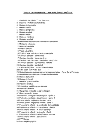 VÍDEOS – COMPUTADOR COORDENAÇÃO PEDAGÓGICA



1. A Velha a fiar – Porta Curta Petrobrás
2. Bicicleta– Porta Curta Petrobrás
3. História do basquete
4. História damas
5. História olimpíadas
6. História voleibol
7. História xadrez
8. Histórico handebol
9. Histórico voleibol
10. Historietas assombradas– Porta Curta Petrobrás
11. Mídias na educação
12. Noite de lua cheia
13. Palavra cantada
14. Vídeo sobre tênis
15. Ziraldo – ler é mais importante que estudar
16. Cantigas de roda – bambalalão
17. Cantigas de roda – escravos de jó
18. Cantigas de roda – meu chapéu tem três pontas
19. Cantigas de roda – o pião entrou na roda
20. Cantigas de roda – sambalelê
21. Casa de máquinas - Porta Curta Petrobrás
22. Filtro solar, com Pedro Bial
23. Historietas assombradas (para crianças malcriadas) - Porta Curta Petrobrás
24. Historietas assombradas - Porta Curta Petrobrás
25. História do futebol
26. História do futsal
27. Histórias que acontecem
28. Incentivo a leitura
29. Indisciplina e violência nas escolas
30. Noite de lua cheia
31. O papel da avaliação na aprendizagem
32. O problema não é meu
33. Parlendas, cantigas e trava-línguas – parte 1
34. Parlendas, cantigas e trava-línguas – parte 2
35. Pé de galinha no jogo de damas - parte 1
36. Pé de galinha no jogo de damas - parte 2
37. Pensamento infantil – a construção da moralidade
38. Pensamento infantil – a narrativa da criança
39. Pensamento infantil – A noção de tempo
40. Pensamento infantil – o desenho infantil
41. Pensamento infantil – os fenômenos naturais
42. Pensamento infantil – sexualidade
43. PPP Uacury
44. Práticas pedagógicas
 