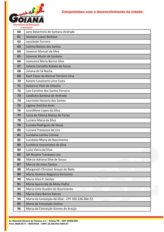 Compromisso com o desenvolvimento da cidade.




       60       Jane Belarmino de Santana Andrade
       61       Jessiane Lopes Barbosa
       62       Jocicleide Ferreira
       63       Joelma Batista dos Santos
       64       Josemar Manuel da Silva
       65       Josemar Muniz de Santana
       66       Josevania Maria Barros Silva
       67       Juliana Carvalho Rabelo de Souza
       68       Juliana de Sá Rocha
       69       Kant Cezar de Alencar Ferreira Lima
       70       Katiele Cavalcanti Lima Costa
       71       Katiúrcia Vitor de Oliveira
       72       Lais Caroline dos Santos Ferreira
       73       Laodicéia Barbosa de Andrade
       74       Laurinete Honorio dos Santos
       75       Ligiane Andréia Alves
       76       Lourdilene Lopes da Silva
       77       Lúcia de Fátima Matias de Farias
       78       Luciana Maria da Silva
       79       Luciana Rodrigues de Sousa
       80       Luciana Travassos de Lira
       81       Lucidalva Lemos Correia
       82       Lucidalva Maria do Nascimento
       83       Lucitânia Vasconselos da Silva
       84       Luzia Vieira da Silva
       85       Mª Rosário Travassos Lira
       86       Márcia Adriana Silva de Sousa
       87       Marcia de Jesus Santos
       88       Margareth Christian Araujo de Melo
       89       Maria Alcenira Nogueira Verissimo
       90       Maria Alice P. Santos
       91       Maria Aparecida da Mota Fialho
       92       Maria Celia Guedes do Nascimento
       93       Maria Clara Barros Ramos
       94       Maria da Conceição da Silva - CPF 305.536.364-72
       95       Maria da Conceição Gomes
       96       Maria da Conceição Gomes de Araújo


Av. Marechal Deodoro da Fonseca, s/n – Goiana/PE – CEP: 55900-000
Fone: 3626-0177 / 3626-0416 – CNPJ: 10.150.043/0001-07
 