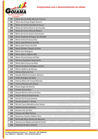 Compromisso com o desenvolvimento da cidade.




       97       Maria da Conceição Marinho Ferreira
       98       Maria das Graças Ângelo Bezerra
       99       Maria de Fatima Azevedo de Souza
       100      Maria de Fátima Bezerra de Gusmão
       101      Maria do Carmo Silva de Oliveira
       102      Maria do Carmo Soares Damasceno
       103      Maria Elizabete Rodrigues de Andrade
       104      Maria Emilia de Souza Silva
       105      Maria José Monteiro da Silva
       106      Maria José Pereira da Silva
       107      Maria Olindina Tavares da Silva
       108      Maria Sara Rodrigues
       109      Maria Stela S. Ribeiro Silva
       110      Maria Tarcizia Soares da Silva
       111      Marluce Gonçalves Nascimento
       112      Marta Maria Souza de Melo
       113      Marta Penaforte Rodrigues da Silva
       114      Mônica Balbino de Moraes
       115      Mônica Maria da Cruz
       116      Nayalle Mikelly Gonçalves Barbosa
       117      Núbia Rodrigues de Melo
       118      Patrícia Maria de França Meireles
       119      Patricia Marques dos Santos
       120      Paulo Sérgio de Oliveira
       121      Rafaela Samira Braz
       122      Raquel Martins Gomes da Silva
       123      Rejane Maria do Nascimento
       124      Renata Da Víncula Santana
       125      Renata Sandrea S. Gomes
       126      Rita de Cassia Mendonça dos Santos
       127      Roberto Ferreira Barbosa
       128      Rosana Felix da Silva
       129      Roseana de Melo Pereira
       130      Rosemary Caetano Ribeiro Silva
       131      Rosineide Maria Silvano de Menezes
       132      Rosinere de Oliveira do Espirito Santo
       133      Rubinete da Silva Coutinho


Av. Marechal Deodoro da Fonseca, s/n – Goiana/PE – CEP: 55900-000
Fone: 3626-0177 / 3626-0416 – CNPJ: 10.150.043/0001-07
 