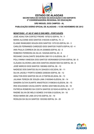 ESTADO DE ALAGOAS
         SECRETARIA DE ESTADO DA EDUCAÇÃO E DO ESPORTE
            2ª COORDENADORIA REGIONAL DE EDUCAÇÃO
                    SÃO MIGUEL DOS CAMPOS - AL
 PUBLICAÇÃO DIÁRIO OFICIAL DE ALAGOAS – 13 DE NOVEMBRO DE 2012


MONIT/DISC - 6º AO 9º ANO E ENS MÉD - PORTUGUÊS
JOSÉ ADAILTON CORTEZ FREIRE 1975212-SSP/AL 74 - 1
MARIA ALCIONE DOS SANTOS 3160339-4-SSP/AL 70 - 2
ELIANE RAIMUNDO SOUZA DOS SANTOS 1375125-SSP/AL 64 - 3
CARLOS FERNANDO CARDOZO DOS SANTOS1742875-SSP/AL 62 - 4
ANA PAULA CORREIA DA SILVA 2058600-SSP/AL 62 - 5
ROBERIO FERREIRA DA SILVA 1452549-SSP/AL 60 - 6
REGIANE CAVALCANTE SIQUEIRA 3061151-2-SJDS/AL 58 - 7
POLLYANNA VANESSA DOS SANTOS VIEIRA98001237404-SSP/AL 56 - 8
CLÁUDIA OLIVEIRA LIMA DOS SANTOS 2002001063132-SSP/AL 56 - 9
JOSÉ MÁRCIO DOS SANTOS 1683862-SSP/AL 56 - 10
NADIEGE DOS SANTOS SILVA 3244203-3-SCJD/AL 56 - 11
SILVIA JACIELY PORTO GOMES 2058304-SSP/AL 56 - 12
ADALTON DOS SANTOS SILVA 31708790-SCJD/AL 56 - 13
JULIANA TEREZA DE SOUZA LIMA 31605940-SJDS/AL 56 - 14
SANDRA OLÍVIA DUARTE ANASTÁCIO 3159638-0-SJDS/AL 56 - 15
IRIS SOLEDADE CAVALCANTE VIEIRA 32041586-SCJD/AL 56 - 16
PATRÍCIA ROMEIRO DA COSTA SANTOS 3219243-6-SSP/AL 56 - 17
RAEME SILVIA DE MELO GOMES 3161508-2-SJDS/AL 54 - 18
ROSA MARIA DE LIMA 2012155-SSP/AL 54 - 19
ROSILDA DA SILVA SANTOS 1203392-SSP/AL 54 - 20
 