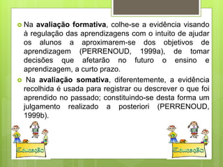  Na avaliação formativa, colhe-se a evidência visando
à regulação das aprendizagens com o intuito de ajudar
os alunos a aproximarem-se dos objetivos de
aprendizagem (PERRENOUD, 1999a), de tomar
decisões que afetarão no futuro o ensino e
aprendizagem, a curto prazo.
 Na avaliação somativa, diferentemente, a evidência
recolhida é usada para registrar ou descrever o que foi
aprendido no passado; constituindo-se desta forma um
julgamento realizado a posteriori (PERRENOUD,
1999b).
 