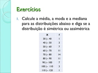Exercícios Calcule a média, a moda e a mediana para as distribuições abaixo e diga se a distribuição é simétrica ou assimétrica X f 30 |-- 40 1 40 |-- 50 3 50 |-- 60 7 60 |-- 70 11 70 |-- 80 14 80 |-- 90 11 90 |-- 100 7 100 |--  110 3 110 |-- 120 1 