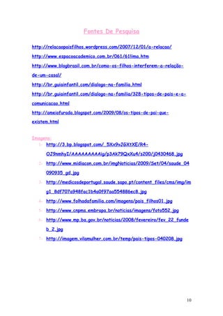 Fontes De Pesquisa

http://relacaopaisfilhos.wordpress.com/2007/12/01/a-relacao/

http://www.espacoacademico.com.br/061/61lima.htm

http://www.blogbrasil.com.br/como-os-filhos-interferem-a-relação-

de-um-casal/

http://br.guiainfantil.com/dialogo-na-familia.html

http://br.guiainfantil.com/dialogo-na-familia/328-tipos-de-pais-e-a-

comunicacao.html

http://ameiafurada.blogspot.com/2009/08/os-tipos-de-pai-que-

existem.html


Imagens:
  1- http://3.bp.blogspot.com/_5Xx9vJGXtXE/R4-

      OJ9nmhyI/AAAAAAAAAig/p3Ak79QxXu4/s200/j0430468.jpg

   2- http://www.midiacon.com.br/imgNoticias/2009/Set/04/saude_04

      090935_gd.jpg

   3- http://medicosdeportugal.saude.sapo.pt/content_files/cms/img/im

      g1_8df707a948fac1b4a0f97aa554886ec8.jpg

   4- http://www.folhadafamilia.com/imagens/pais_filhos01.jpg

   5- http://www.cnpms.embrapa.br/noticias/imagens/foto552.jpg

   6- http://www.mp.ba.gov.br/noticias/2008/fevereiro/fev_22_funde

      b_2.jpg

   7- http://imagem.vilamulher.com.br/temp/pais-tipos-040208.jpg




                                                                       10
 
