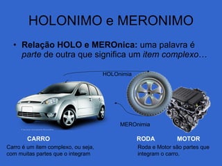 HOLONIMO e MERONIMO Relação HOLO e MEROnica:  uma palavra é  parte  de outra que significa um  item complexo … CARRO  RODA  MOTOR Carro é um item complexo, ou seja, com muitas partes que o integram Roda e Motor são partes que integram o carro. MEROnimia HOLOnimia 
