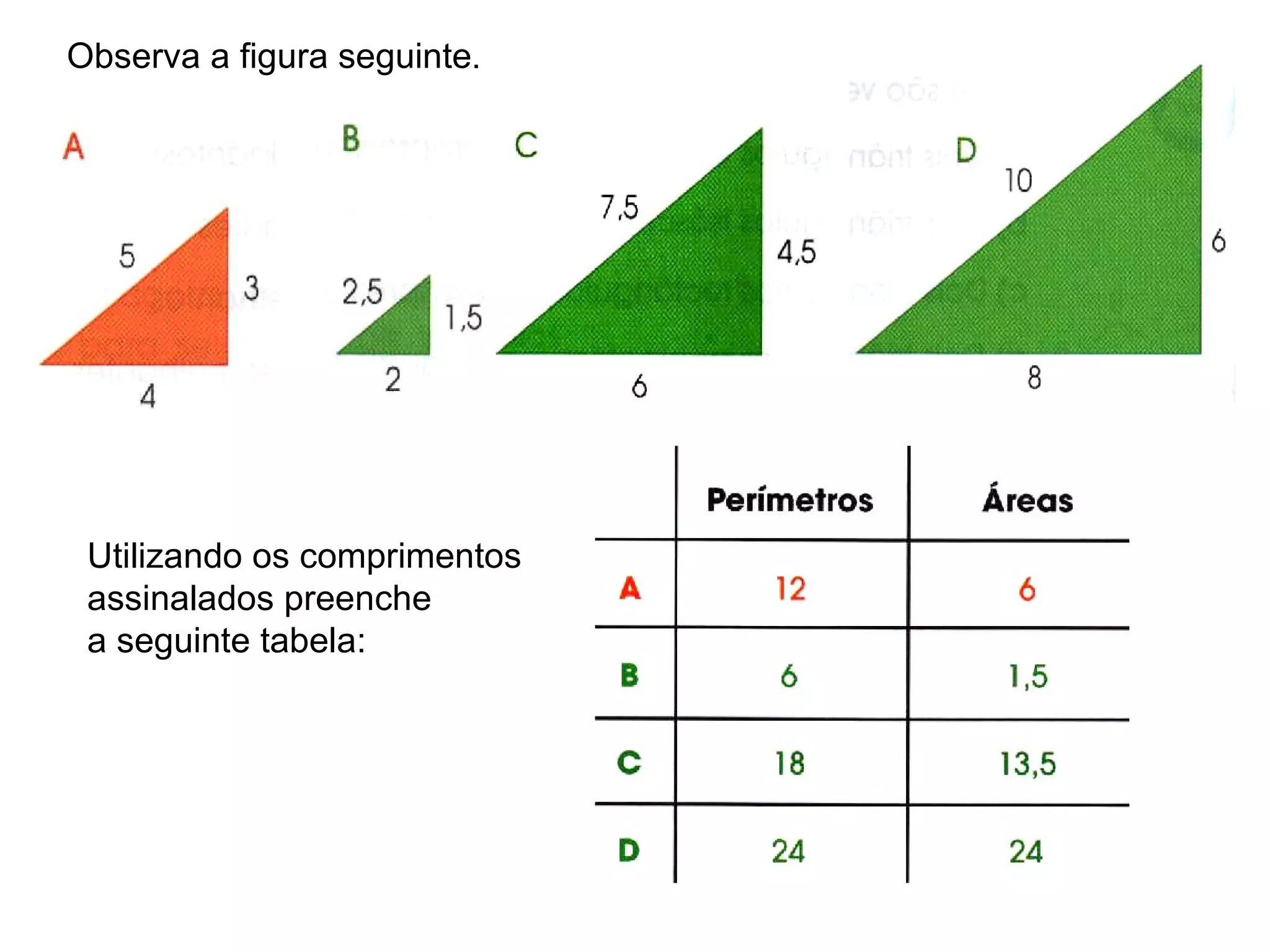 Observa a figura seguinte . Utilizando os comprimentos assinalados preenche a seguinte tabela: