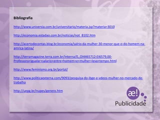 Bibliografia
http://www.universia.com.br/universitario/materia.jsp?materia=3010
http://economia.estadao.com.br/noticias/not_8102.htm
http://acertodecontas.blog.br/economia/salrio-da-mulher-30-menor-que-o-do-homem-na-
amrica-latina/
http://terramagazine.terra.com.br/interna/0,,OI4465712-EI6579,00-
Professora+Igualar+salario+entre+homem+e+mulher+leva+tempo.html
http://www.feminismo.org.br/portal/
http://www.politicaexterna.com/9093/pesquisa-do-ibge-e-vdeos-mulher-no-mercado-de-
trabalho
http://uepg.br/nupes/genero.htm
 