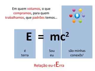 E  =  mc 2 é terra Sou eu Em quem  votamos , o que  compramos , para quem  trabalhamos , que  padrões  temos… são minhas conexõs 2 Relação eu-t E rra 