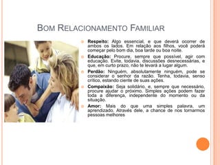 BOM RELACIONAMENTO FAMILIAR










Respeito: Algo essencial, e que deverá ocorrer de
ambos os lados. Em relação aos filhos, você poderá
começar pelo bom dia, boa tarde ou boa noite.
Educação: Procure, sempre que possível, agir com
educação. Evite, todavia, discussões desnecessárias, e
que, em curto prazo, não te levará a lugar algum.
Perdão: Ninguém, absolutamente ninguém, pode se
considerar o senhor da razão. Tenha, todavia, senso
crítico, estando ciente de suas ações.
Compaixão: Seja solidário, e, sempre que necessário,
procure ajudar o próximo. Simples ações podem fazer
toda a diferença, independente do momento ou da
situação.
Amor: Mais do que uma simples palavra, um
aprendizado. Através dele, a chance de nos tornarmos
pessoas melhores

 