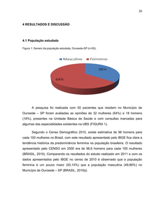 25



4 RESULTADOS E DISCUSSÃO




4.1 População estudada

Figura 1: Genero da população estudada, Ouroeste-SP (n=50).




       A pesquisa foi realizada com 50 pacientes que residem no Município de
Ouroeste – SP foram avaliadas as opiniões de 32 mulheres (64%) e 18 homens
(18%), presentes na Unidade Básica de Saúde e com consultas marcadas para
algumas das especialidades existentes na UBS (FIGURA 1).

       Segundo o Censo Demográfico 2010, existe estimativa de 96 homens para
cada 100 mulheres no Brasil, com este resultado apresentado pelo IBGE fica clara a
tendência histórica da predominância feminina na população brasileira. O resultado
apresentado pelo CENSO em 2000 era de 96,6 homens para cada 100 mulheres
(BRASIL, 2010). Comparando os resultados do estudo realizado em 2011 e com os
dados apresentados pelo IBGE no censo de 2010 é observado que a população
feminina é um pouco maior (50,14%) que a população masculina (49,86%) no
Município de Ouroeste – SP (BRASIL, 2010a).
 