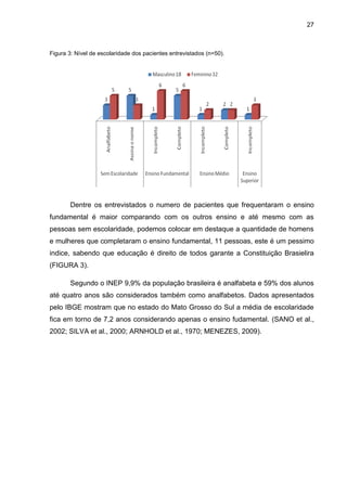 27



Figura 3: Nível de escolaridade dos pacientes entrevistados (n=50).




       Dentre os entrevistados o numero de pacientes que frequentaram o ensino
fundamental é maior comparando com os outros ensino e até mesmo com as
pessoas sem escolaridade, podemos colocar em destaque a quantidade de homens
e mulheres que completaram o ensino fundamental, 11 pessoas, este é um pessimo
indice, sabendo que educação é direito de todos garante a Constituição Brasielira
(FIGURA 3).

       Segundo o INEP 9,9% da população brasileira é analfabeta e 59% dos alunos
até quatro anos são considerados também como analfabetos. Dados apresentados
pelo IBGE mostram que no estado do Mato Grosso do Sul a média de escolaridade
fica em torno de 7,2 anos considerando apenas o ensino fudamental. (SANO et al.,
2002; SILVA et al., 2000; ARNHOLD et al., 1970; MENEZES, 2009).
 