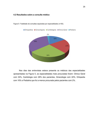 29



4.2 Resultados sobre a consulta médica



Figura 5: Totalidade de consultas separadas por especialidades (n=50).




       Nos dias das entrevistas estava presente os médicos das especialidades
apresentadas na Figura 5, as especialidades mais procuradas foram: Clinica Geral
com 34%, Cardiologia com 26% dos pacientes, Ginecologia com 22%, Ortopedia
com 16% e Pediatria que foi a menos procurada pelos pacientes com 2%.
 