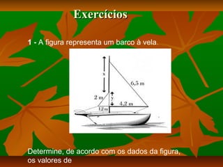ExercíciosExercícios
1 - A figura representa um barco à vela.
Determine, de acordo com os dados da figura,
os valores de
 