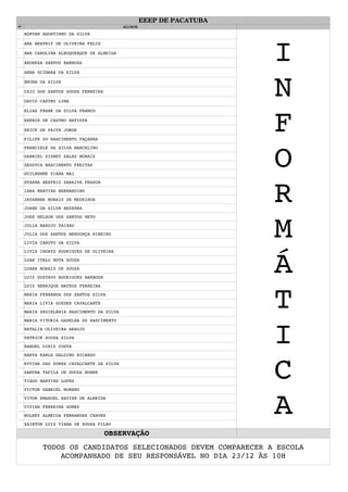 EEEP DE PACATUBA
N° ALUNOS
ADRYAN AGOSTINHO DA SILVA
ANA BEATRIZ DE OLIVEIRA FELIX
ANA CAROLINA ALBUQUERQUE DE ALMEIDA
ANDRESA SANTOS BARBOSA
ANNA OCIMARA DA SILVA
BRUNA DA SILVA
CAIO DOS SANTOS SOUSA FERREIRA
DAVID CASTRO LIMA
ELIAS FRANK DA SILVA FRANCO
ERENIR DE CASTRO BATISTA
ERICK DE PAIVA JORGE
FILIPE DO NASCIMENTO FAÇANHA
FRANCIELE DA SILVA MARCELINO
GABRIEL SIDNEY SALES MORAIS
GESSYCA NASCIMENTO FREITAS
GUILHERME VIANA MAI
HYANNA BEATRIZ SARAIVA PESSOA
IARA MARTINS BERNARDINO
JAYANNNE MORAIS DE MEDEIROS
JOABE DA SILVA BEZERRA
JOSE NELSON DOS SANTOS NETO
JULIA ARAUJO PAIXAO
JULIA DOS SANTOS MENDONÇA RIBEIRO
LIVIA CANUTO DA SILVA
LIVIA INGRYD RODRIGUES DE OLIVEIRA
LUAN ITALO MOTA SOUSA
LUANA MORAIS DE SOUSA
LUIZ GUSTAVO RODRIGUES BARBOSA
LUIZ HENRIQUE MATEUS FERREIRA
MARIA FERNANDA DOS SANTOS SILVA
MARIA LIVIA GUEDES CAVALCANTE
MARIA SEGIRLÂNIA NASCIMENTO DA SILVA
MARIA VITORIA GADELHA DO NASCIMENTO
NATALIA OLIVEIRA ARAUJO
PATRICK SOUSA SILVA
RANGEL DINIZ COSTA
RANYA KARLA GALDINO RICARDO
RYVINA DAS DORES CAVALCANTE DA SILVA
SAMYRA TAFILA DE SOUZA NOBRE
TIAGO MARTINS LOPES
VICTOR GABRIEL MORENO
VITOR EMANUEL XAVIER DE ALMEIDA
VIVIAN FERREIRA GOMES
WOLNEY ALMEIDA FERNANDES CHAVES
ZAIRTON LUIS VIANA DE SOUSA FILHO
OBSERVAÇÃO
I
N
F
O
R
M
Á
T
I
C
A
TODOS OS CANDIDATOS SELECIONADOS DEVEM COMPARECER A ESCOLA 
ACOMPANHADO DE SEU RESPONSÁVEL NO DIA 23/12 ÀS 10H
 