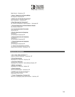 Sede Social – Campinas, SP

4.Assoc. Desportiva da Polícia Militar
Pq Taquaral Campinas,SP

5.Galeria de arte Geraldo Giurgensen**
Nova Campinas – Campinas,SP

6.Paço Municipal de Votorantim**
Ed. Camara Vereadores e Admnistrativo - Sorocaba SP

7.Terminal Rodoviário de Santa Bárbara Dóeste
Sta. Barbara Dóeste SP

8.Lar escola Imaculada Conceição
Descalvado SP

9.Escola Americana de Campinas
Ampliação I
Jd Flamboyant Campinas SP

10.Escola Americana de Campinas
Ampliação II
Jd Flamboyant Campinas SP

11.Escola Americana de Campinas
Ampliação III
Jd Flamboyant Campinas SP

12. Centro de treinamento de Tênis
Clube Cultura Artística , Campinas , SP



PROJETOS INDUSTRIAIS


1.Ind. e Com. Dako do Brasil ****
Fabrica 3 Distrito Industrial – Campinas, SP

2.Purina Nutrimentos
Ampliação Pq. Industrial – Paulínia, SP

3.Cotonifício Beltramo
Ampliação Pq. Industrial - Santa Bárbara Doeste, SP

4.Malíber tecelagens
Ampliação Pq. Industrial – Itatiba, SP

5.Ceasa Campinas
Centro de Distribuição – Campinas, SP

6.CIATEC polo de alta tecnologia****
Elaboração Plano Diretor

7. Trocar Transportes e Turismo S/A
Reforma e ampliação prédio admnistrativo - Valinhos, SP




                                                          14
 