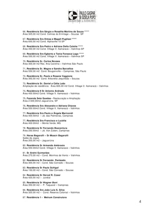66. Residência Srs Sérgio e Rosalita Martins de Souza *****
Área 325,00 m2 Cond. Colinas do Ermitage – Souzas SP

67. Residência Srs Dimas e Magali Pugliesi *****
Área 650,00 m2 Cond. Alphaville-10 SP

68. Residência Srs Pedro e Adriana Della Coletta *****
Área 450,00 m2 Cond. Village V. Itamaracá – Valinhos SP

69. Residência Srs Egberto e Tania Fonseca Lago *****
Área 550,00 m2 Cond. Village V. Itamaracá – Valinhos SP

70. Residência Sr. Carlos Novaes
Área 300,00 m2 Res. Ana Carolina – Valinhos São Paulo

71. Residência Sr. Magno e Sandra Barcellos
Área 550,00 m2 Cond. Bougainville – Campinas, São Paulo

72. Residência Sr. Paulo e Rosane Vaggione
Área 350,00 m2 Cond. Arboretto Jequitibás – Souzas

73. Residência Sr. Daniel e Célia Leão
Ampliação de residência Área 600,00 m2 Cond. Village V. Itamaracá – Valinhos

74. Residência II Sr Antonio Andrade
Área 450.00m2 Cond. Village V. Itamaracá – Valinhos

75. Fazenda Sete Quedas - Restauração e Ampliação
Área 2.500,00m2 Jaguariúna, SP

76. Residência Srs Alexandre e Adriana Chaves
Área 550.00m2 Cond. Village V. Itamaracá – Valinhos

77. Residência Srs Paulo e Ângela Maricondi
Área 400.00m2 – Jd. das Palmeiras, Campinas

77. Residência Srs Francisco e Lucélia
Área 400.00m2 – Monte Verde, MG

78. Residência Sr Fernando Boaventura
Área 250.00m2 – Jd. Von Zuben, Campinas

79. Haras Bagarolli – Sr Moacir Bagarolli
Salão de Jogos
Ärea 200,00 m2 – Jaguariúna

80. Residência Sr Armando Ambrosio
Área 550.00m2 Cond. Village V. Itamaracá – Valinhos

81. Sr André Guimarães
Ärea 270,00 m2 – Cond. Moinhos de Vento – Valinhos

82. Residência Sr Fernando Penteado
Ärea 300,00 m2 – Cond. São Conrado – Souzas

83. Residência Sr Paulo Schlgol
Ärea 150,00 m2 – Cond. São Conrado – Souzas

84. Residência Sr Herval R. Cossi
Ärea 420,00 m2 – Jundiaí

85. Residência Sr Wagner Boni
Ärea 350,00 m2 – P. Taquaral – Campinas

86. Residência Srs João Luis S. Silva
Ärea 320,00 m2 – Cond. Reserva Colonial – Valinhos

87. Residência 1 - Metrum Construtora

                                                                               4
 
