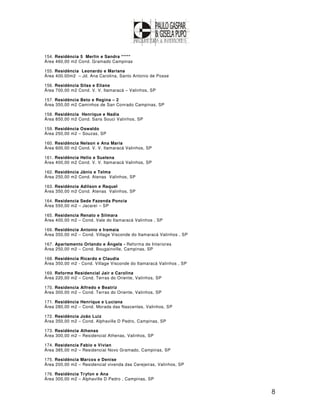 154. Residência 5 Merlin e Sandra *****
Área 460,00 m2 Cond. Gramado Campinas

155. Residência Leonardo e Mariana
Área 400.00m2 – Jd. Ana Carolina, Santo Antonio de Posse

156. Residência Silas e Eliane
Área 700,00 m2 Cond. V. V. Itamaracá – Valinhos, SP

157. Residência Beto e Regina – 2
Área 350,00 m2 Caminhos de San Conrado Campinas, SP

158. Residência Henrique e Nadia
Área 850,00 m2 Cond. Sans Souci Valinhos, SP

159. Residência Oswaldo
Área 250,00 m2 – Souzas, SP

160. Residência Nelson e Ana Maria
Área 600,00 m2 Cond. V. V. Itamaracá Valinhos, SP

161. Residência Helio e Suelena
Área 400,00 m2 Cond. V. V. Itamaracá Valinhos, SP

162. Residência Jânio e Telma
Área 250,00 m2 Cond. Atenas Valinhos, SP

163. Residência Adilson e Raquel
Área 350,00 m2 Cond. Atenas Valinhos, SP

164. Residencia Sede Fazenda Poncia
Área 550,00 m2 – Jacareí – SP

165. Residencia Renato e Silmara
Área 400,00 m2 – Cond. Vale do Itamaracá Valinhos , SP

166. Residência Antonio e Iramaia
Área 350,00 m2 – Cond. Village Visconde do Itamaracá Valinhos , SP

167. Apartamento Orlando e Ângela - Reforma de Interiores
Área 250,00 m2 – Cond. Bougainville, Campinas, SP

168. Residência Ricardo e Claudia
Área 350,00 m2 - Cond. Village Visconde do Itamaracá Valinhos , SP

169. Reforma Residencial Jair e Carolina
Área 220,00 m2 – Cond. Terras do Oriente, Valinhos, SP

170. Residencia Alfredo e Beatriz
Área 300,00 m2 – Cond. Terras do Oriente, Valinhos, SP

171. Residência Henrique e Luciana
Área 280,00 m2 – Cond. Morada das Nascentes, Valinhos, SP

172. Residência João Luiz
Área 350,00 m2 – Cond. Alphaville D Pedro, Campinas, SP

173. Residência Athenas
Área 300,00 m2 – Residencial Athenas, Valinhos, SP

174. Residencia Fabio e Vivian
Área 385,00 m2 – Residencial Novo Gramado, Campinas, SP

175. Residência Marcos e Denise
Área 200,00 m2 – Residencial vivenda das Cerejeiras, Valinhos, SP

176. Residência Tryfon e Ana
Área 300,00 m2 – Alphaville D Pedro , Campinas, SP


                                                                     8
 