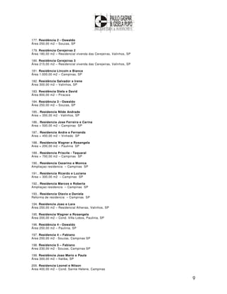 177. Residência 2 - Oswaldo
Área 250,00 m2 – Souzas, SP

179. Residência Cerejeiras 2
Área 180,00 m2 – Residencial vivenda das Cerejeiras, Valinhos, SP

180. Residência Cerejeiras 3
Área 215,00 m2 – Residencial vivenda das Cerejeiras, Valinhos, SP

181. Residência Lincoln e Bianca
Área 1.000,00 m2 – Campinas, SP

182. Residência Salvador e Irene
Área 300,00 m2 – Valinhos, SP

183. Residência Stela e David
Área 800,00 m2 – Piracaia

184. Residência 3 - Oswaldo
Área 250,00 m2 – Souzas, SP

185.. Residencia Nilde Andrade
Area = 350,00 m2 - Valinhos, SP

186.. Residencia Jose Ferreira e Carina
Area = 500,00 m2 – Campinas SP

187.. Residencia Andre e Fernanda
Area = 450,00 m2 – Vinhedo SP

188.. Residencia Wagner e Rosangela
Area = 200,00 m2 – Paulinia SP

189.. Residencia Priscila - Taquaral
Area = 700,00 m2 – Campinas SP

190.. Residencia Cezarino e Monica
Ampliaçao residencia – Campinas SP

191.. Residencia Ricardo e Luciana
Area = 300,00 m2 – Campinas SP

192.. Residencia Marcos e Roberta
Ampliaçao residencia – Campinas SP

193.. Residencia Otavio e Daniela
Reforma de residencia – Campinas SP

194. Residencia Joao e Lara
Área 250,00 m2 – Residencial Athenas, Valinhos, SP

195. Residencia Wagner e Rosangela
Área 200,00 m2 – Cond. Villa Lobos, Paulinia, SP

196. Residência 4 - Oswaldo
Área 250,00 m2 – Paulinia, SP

197. Residencia 4 – Fabiano
Area 250,00 m2 - Souzas, Campinas SP

198. Residencia 5 – Fabiano
Area 230,00 m2 - Souzas, Campinas SP

199. Residência Joao Mario e Paula
Área 300,00 m2 – Itatiba, SP

200. Residencia Leonel e Nilson
Area 400,00 m2 – Cond. Sainte Helene, Campinas


                                                                    9
 