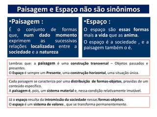 Paisagem e Espaço não são sinônimosPaisagem :É o conjunto de formas que, num dado momento exprimem as sucessivas relações localizadas entre a sociedade e a naturezaEspaço :O espaço são essas formas mais a vida que as anima.O espaço é a sociedade , e a paisagem também o é.Lembras que: a paisagem é uma construção transversal – Objetos passados e presentes.O Espaço é sempre um Presente, uma construção horizontal, uma situação única.Cada paisagem se caracteriza por uma distribuição  de formas-objetos, providas de um conteúdo específico.A paisagem é, pois, um sistema material e, nessa condição relativamente imutável.Já o espaço resulta da intromissão da sociedade nessas formas-objetos.O espaço é um sistema de valores , que se transforma permanentemente.