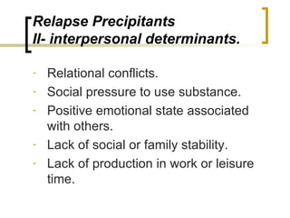 Relapse Precipitants
II- interpersonal determinants.

-   Relational conflicts.
-   Social pressure to use substance.
-   Positive emotional state associated
    with others.
-   Lack of social or family stability.
-   Lack of production in work or leisure
    time.
 