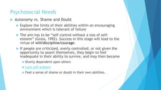 Psychosocial Needs
 Autonomy vs. Shame and Doubt
 Explore the limits of their abilities within an encouraging
environment which is tolerant of failure
 The aim has to be “self control without a loss of self-
esteem” (Gross, 1992). Success in this stage will lead to the
virtue of will/discipline/courage.
 If people are criticized, overly controlled, or not given the
opportunity to assert themselves, they begin to feel
inadequate in their ability to survive, and may then become
 Overly dependent upon others
 Lack self-esteem
 Feel a sense of shame or doubt in their own abilities.
 