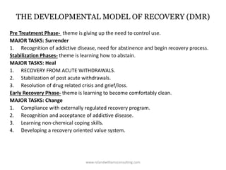 THE DEVELOPMENTAL MODEL OF RECOVERY (DMR)
Pre Treatment Phase- theme is giving up the need to control use.
MAJOR TASKS: Surrender
1. Recognition of addictive disease, need for abstinence and begin recovery process.
Stabilization Phases- theme is learning how to abstain.
MAJOR TASKS: Heal
1. RECOVERY FROM ACUTE WITHDRAWALS.
2. Stabilization of post acute withdrawals.
3. Resolution of drug related crisis and grief/loss.
Early Recovery Phase- theme is learning to become comfortably clean.
MAJOR TASKS: Change
1. Compliance with externally regulated recovery program.
2. Recognition and acceptance of addictive disease.
3. Learning non-chemical coping skills.
4. Developing a recovery oriented value system.
www.rolandwilliamsconsulting.com
 