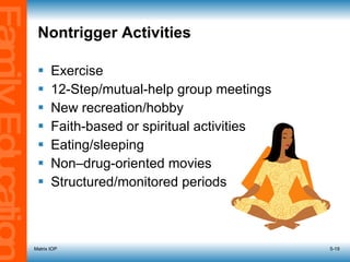 Nontrigger Activities Exercise 12-Step/mutual-help group meetings New recreation/hobby Faith-based or spiritual activities Eating/sleeping Non–drug-oriented movies Structured/monitored periods Matrix IOP 5- 