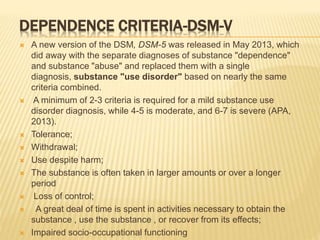 DEPENDENCE CRITERIA-DSM-V
 A new version of the DSM, DSM-5 was released in May 2013, which
did away with the separate diagnoses of substance "dependence"
and substance "abuse" and replaced them with a single
diagnosis, substance "use disorder" based on nearly the same
criteria combined.
 A minimum of 2-3 criteria is required for a mild substance use
disorder diagnosis, while 4-5 is moderate, and 6-7 is severe (APA,
2013).
 Tolerance;
 Withdrawal;
 Use despite harm;
 The substance is often taken in larger amounts or over a longer
period
 Loss of control;
 A great deal of time is spent in activities necessary to obtain the
substance , use the substance , or recover from its effects;
 Impaired socio-occupational functioning
 