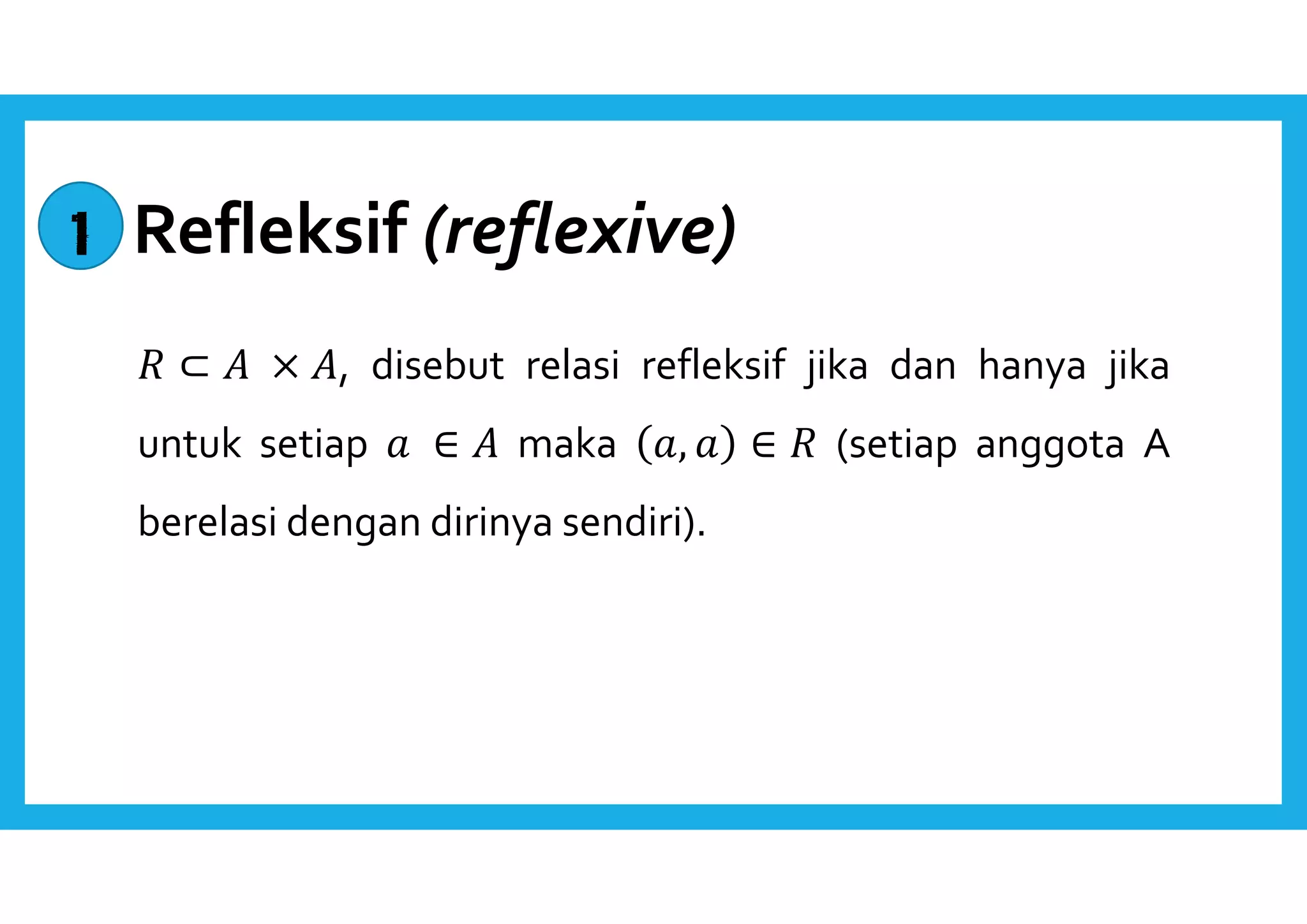 Refleksif (reflexive) 
 ⊂  × , disebut relasi refleksif jika dan hanya jika 
untuk setiap  ∈  maka ,  ∈  (setiap anggota A 
berelasi dengan dirinya sendiri). 
1 
 