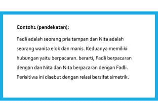 Contoh1 (pendekatan): 
Fadli adalah seorang pria tampan dan Nita adalah 
seorang wanita elok dan manis. Keduanya memiliki 
hubungan yaitu berpacaran. berarti, Fadli berpacaran 
dengan dan Nita dan Nita berpacaran dengan Fadli. 
Perisitiwa ini disebut dengan relasi bersifat simetrik. 
 