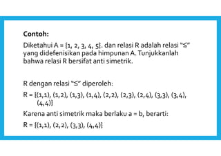 Contoh: 
Diketahui A = {1, 2, 3, 4, 5}. dan relasi R adalah relasi “≤” 
yang didefenisikan pada himpunan A. Tunjukkanlah 
bahwa relasi R bersifat anti simetrik. 
R dengan relasi “≤” diperoleh: 
R = {(1,1), (1,2), (1,3), (1,4), (2,2), (2,3), (2,4), (3,3), (3,4), 
(4,4)} 
Karena anti simetrik maka berlaku a = b, berarti: 
R = {(1,1), (2,2), (3,3), (4,4)} 
 